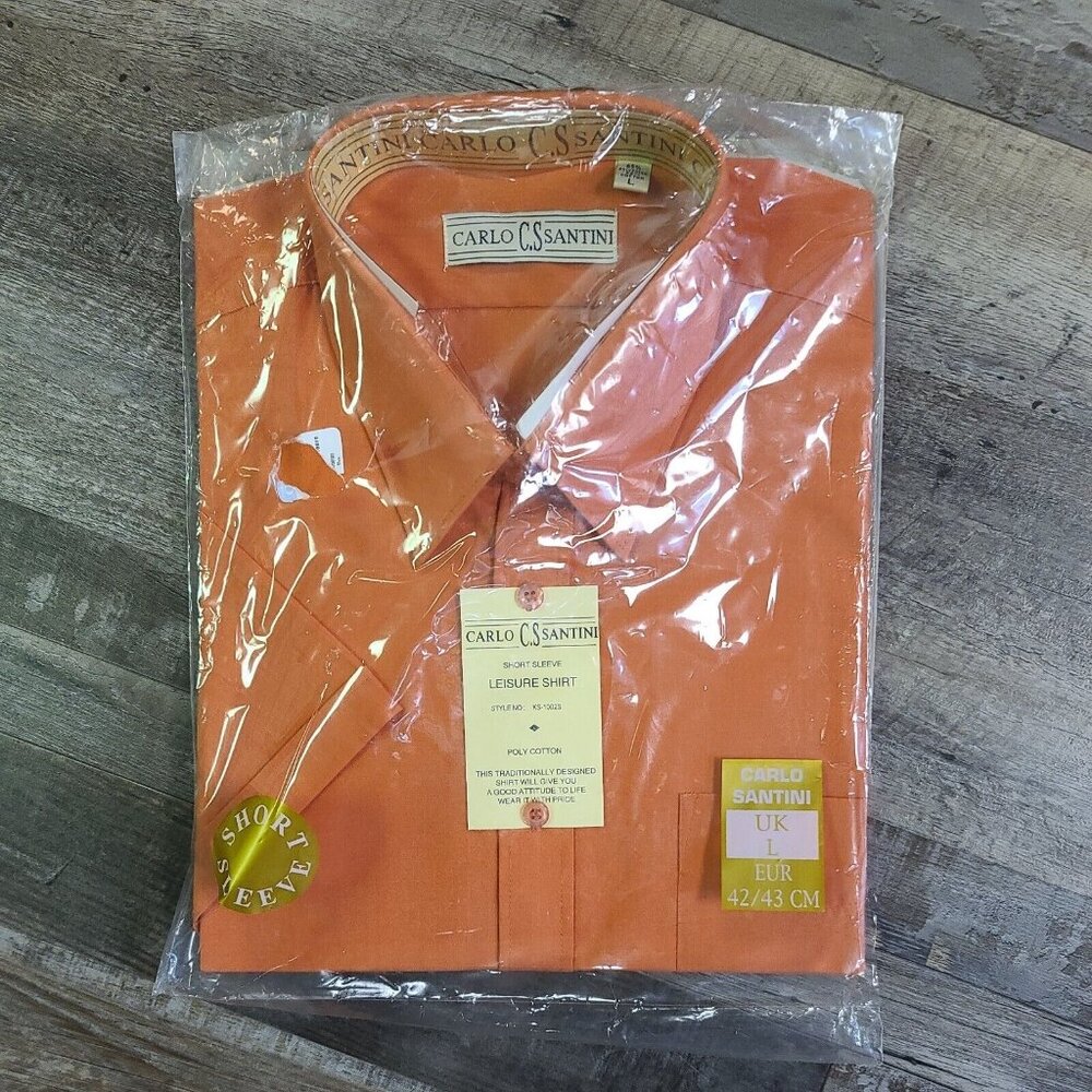 CARLO SANTINI SALMON SHORT‎ SLEEVE DRESS SHIRT UK SIZE LARGE  NEW POLY COTTON